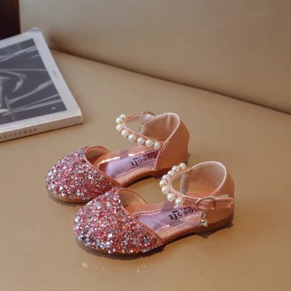 Sparkling Pink Kids Shoes with Pearl Strap
